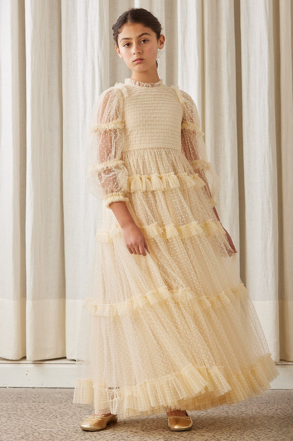 Tulle Pleated Frill Dress - Cream