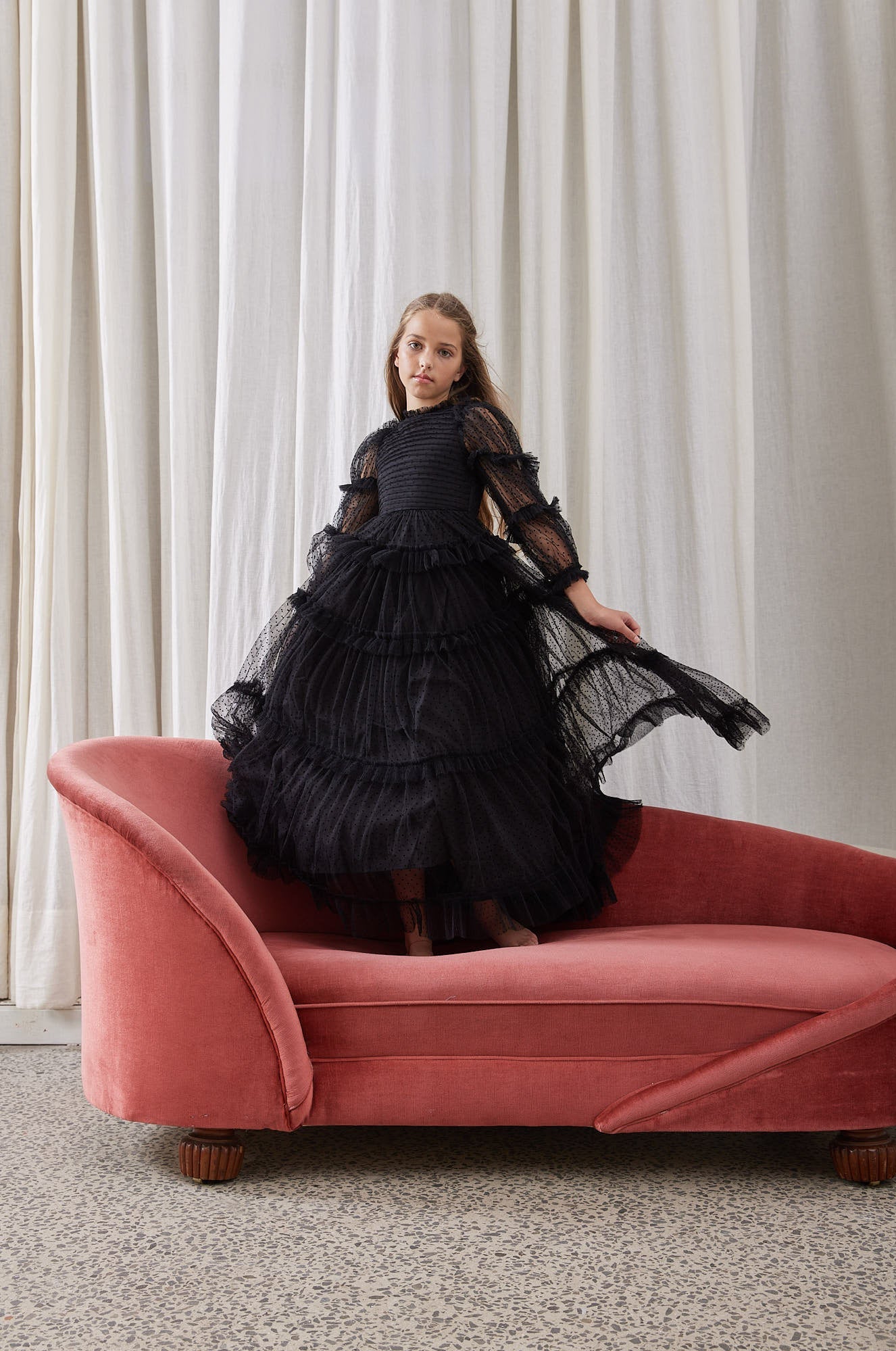 Tulle Pleated Frill Dress - Black