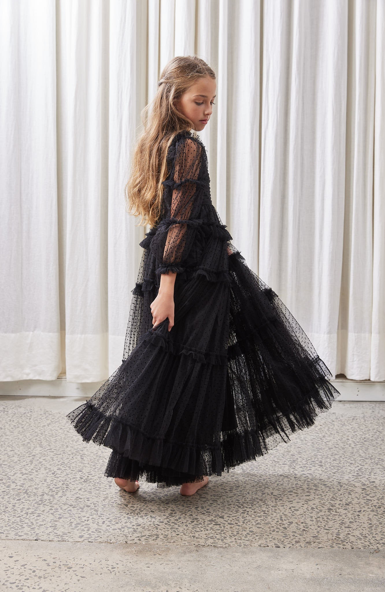Tulle Pleated Frill Dress - Black