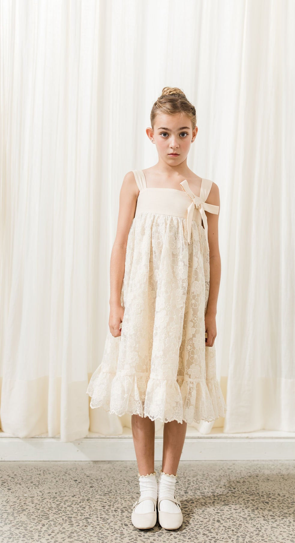Embroidered Daisy Organza Bow Dress
