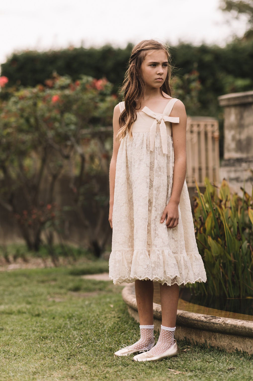 Embroidered Daisy Organza Bow Dress