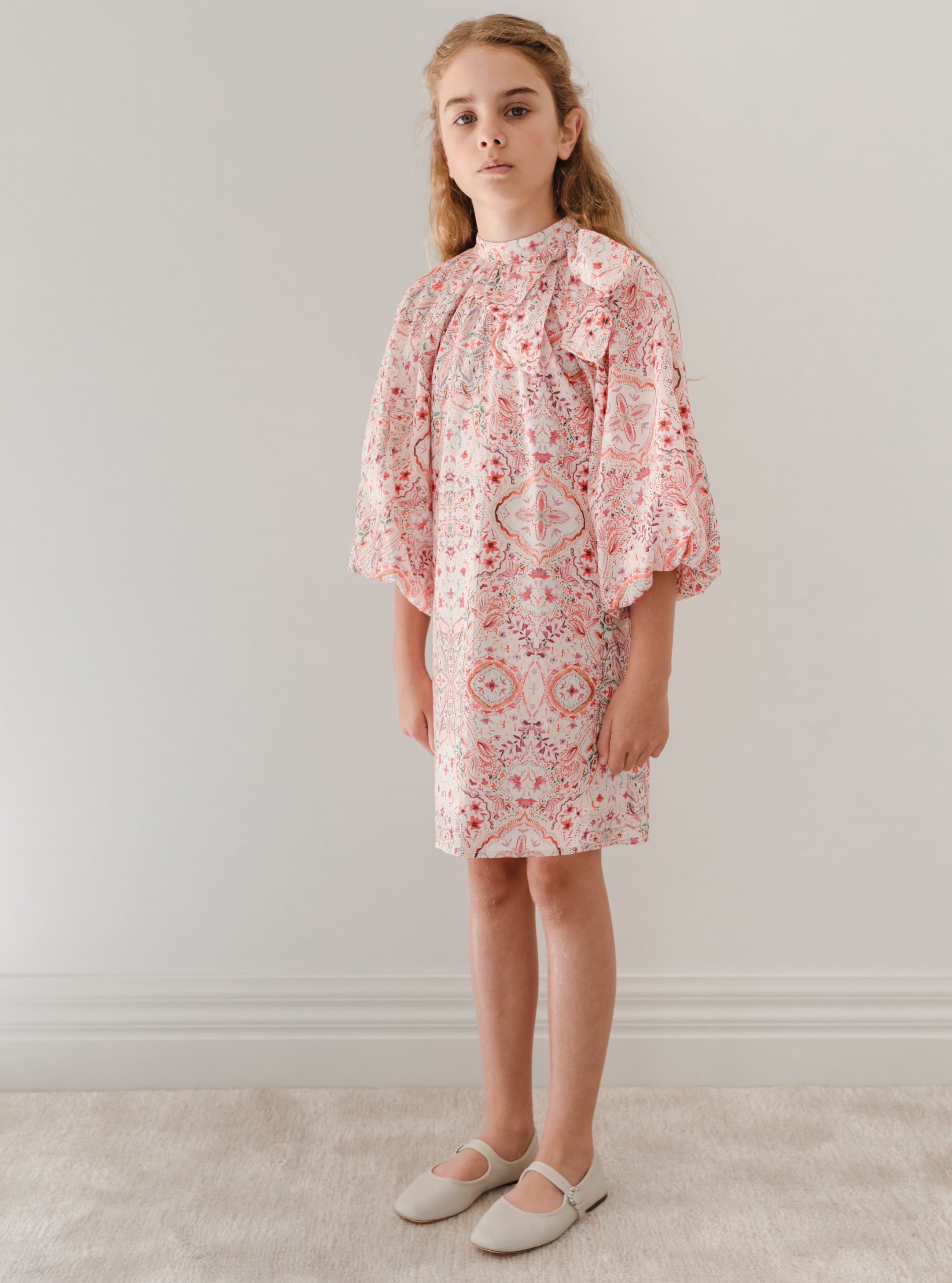Pink Moroccan Print Bow Neck Dress