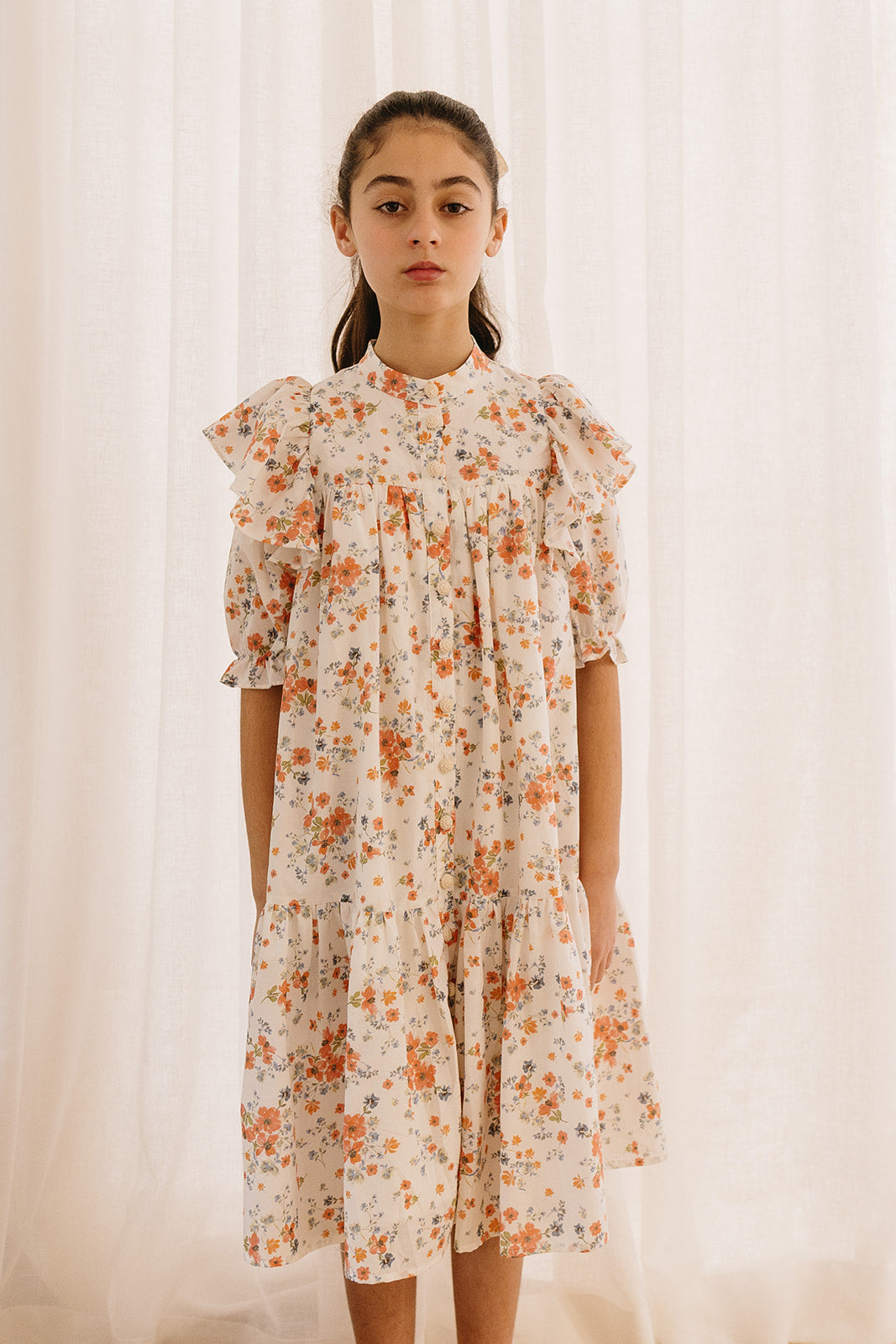 Elbow Sleeve Coral Printed Floral Dress