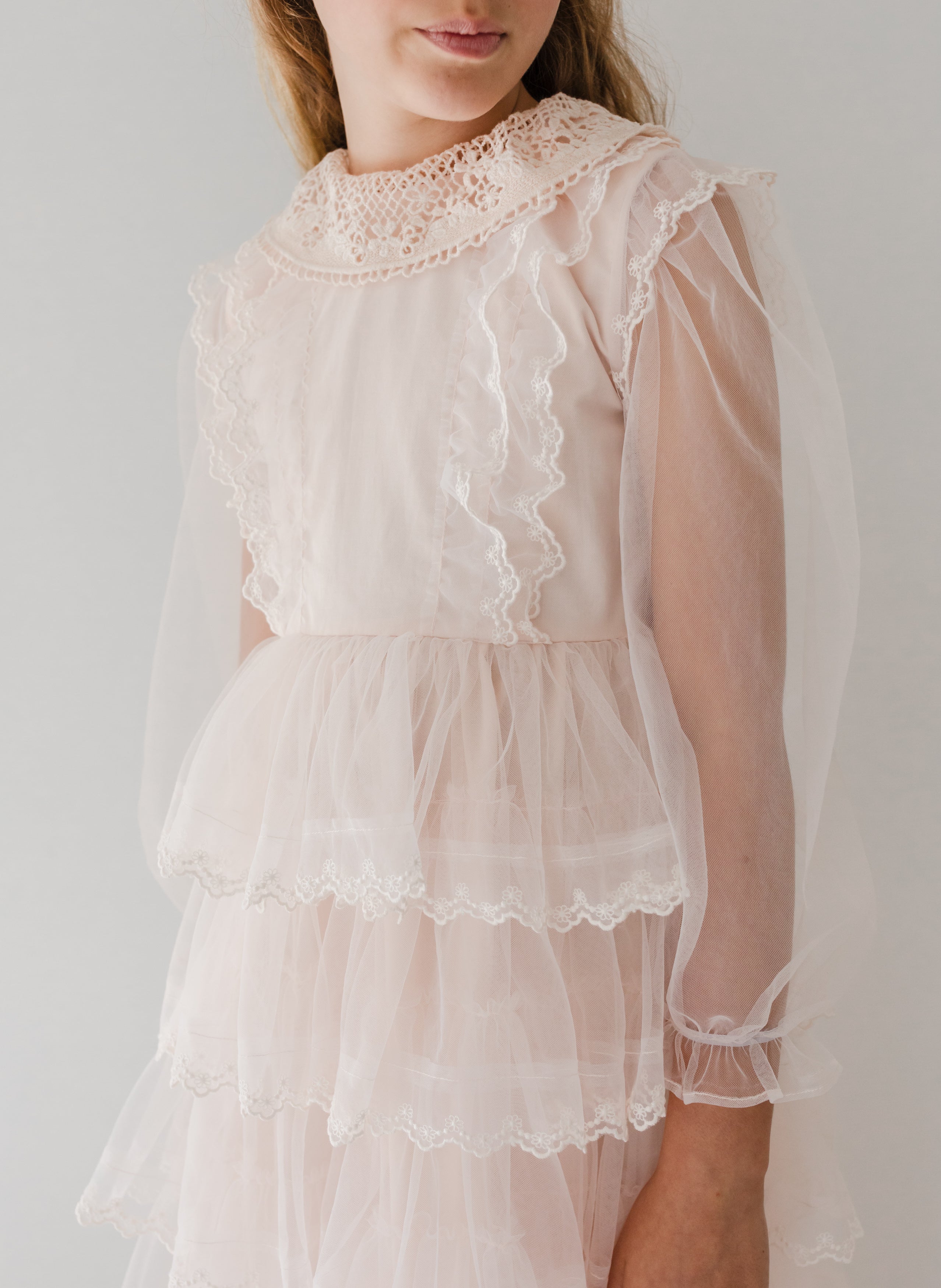 Long Sleeve Crochet Collar Tulle Gown