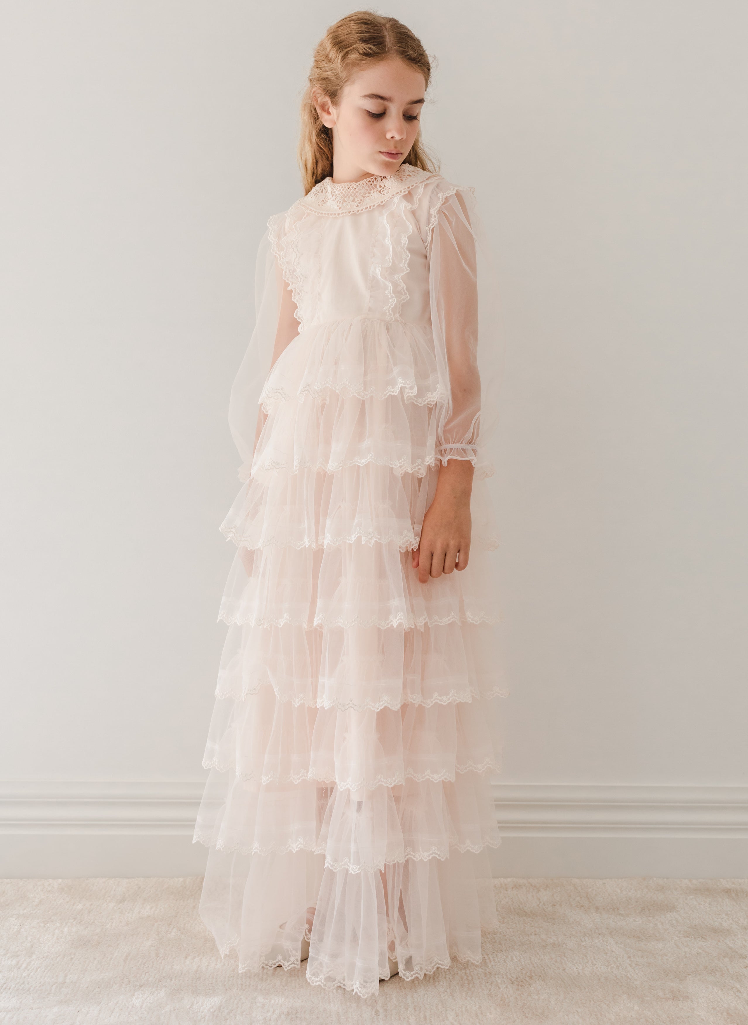 Long Sleeve Crochet Collar Tulle Gown