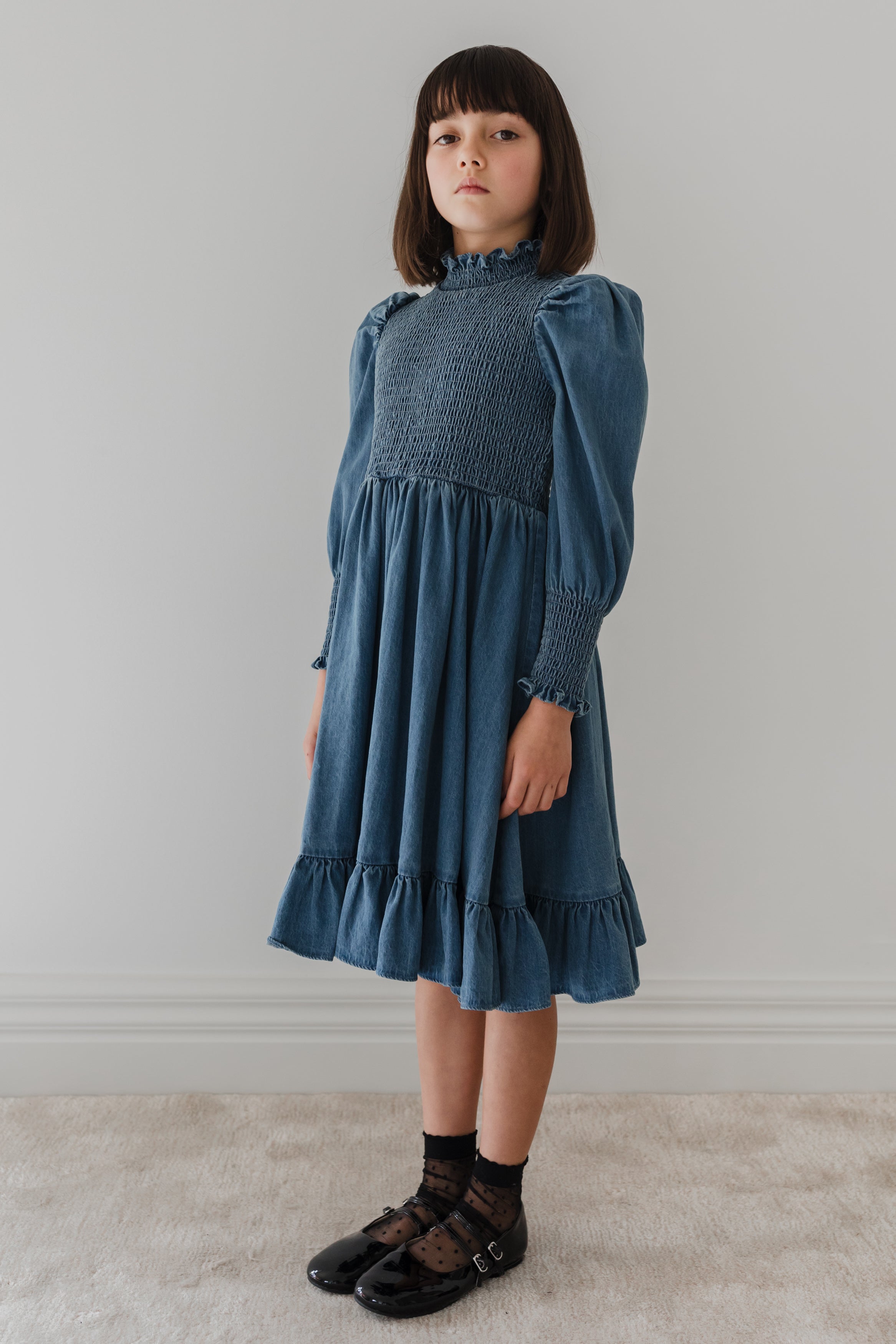 Chambray Shirred Dress
