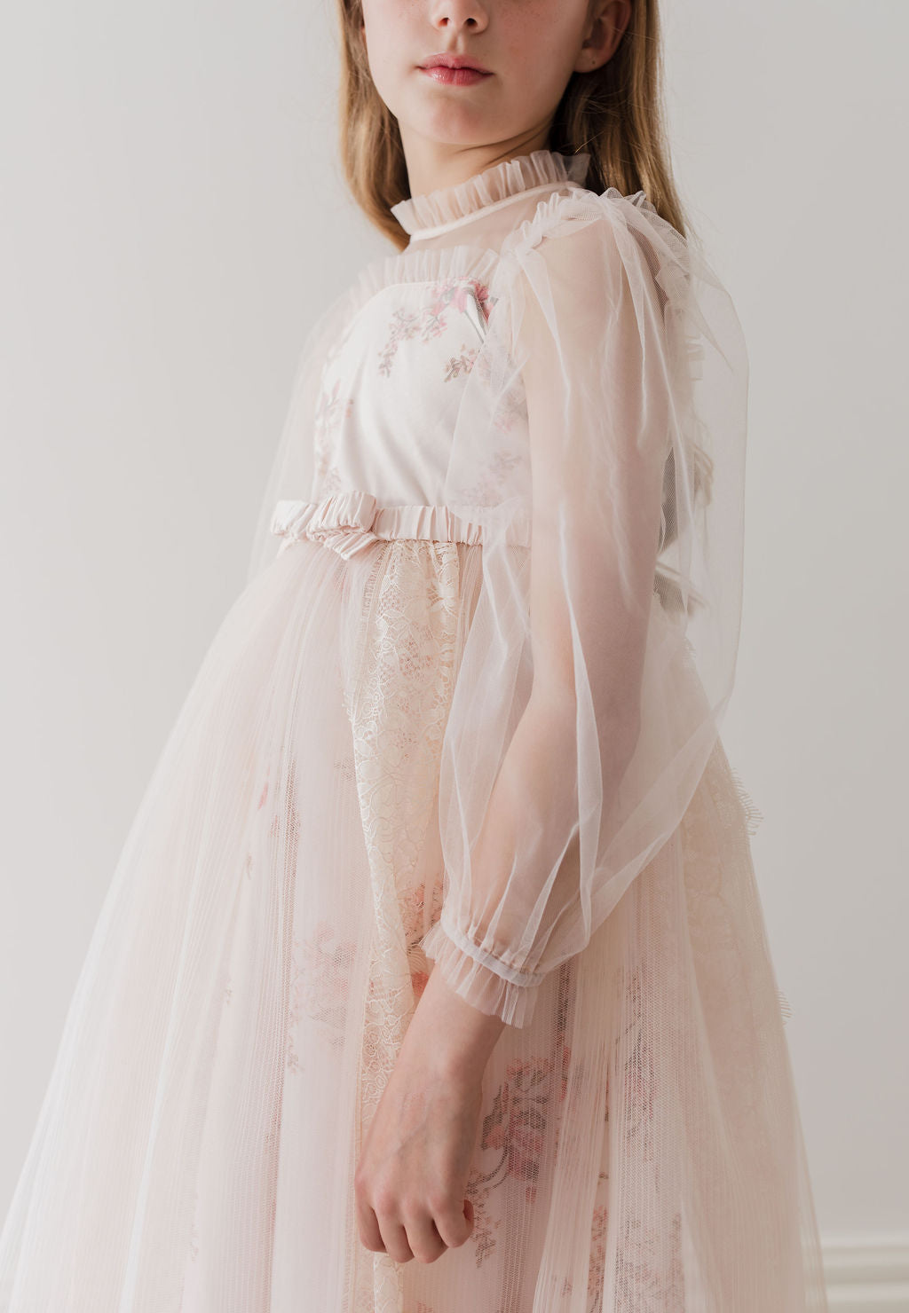 Long Sleeve Blush Orchid Tulle Gown