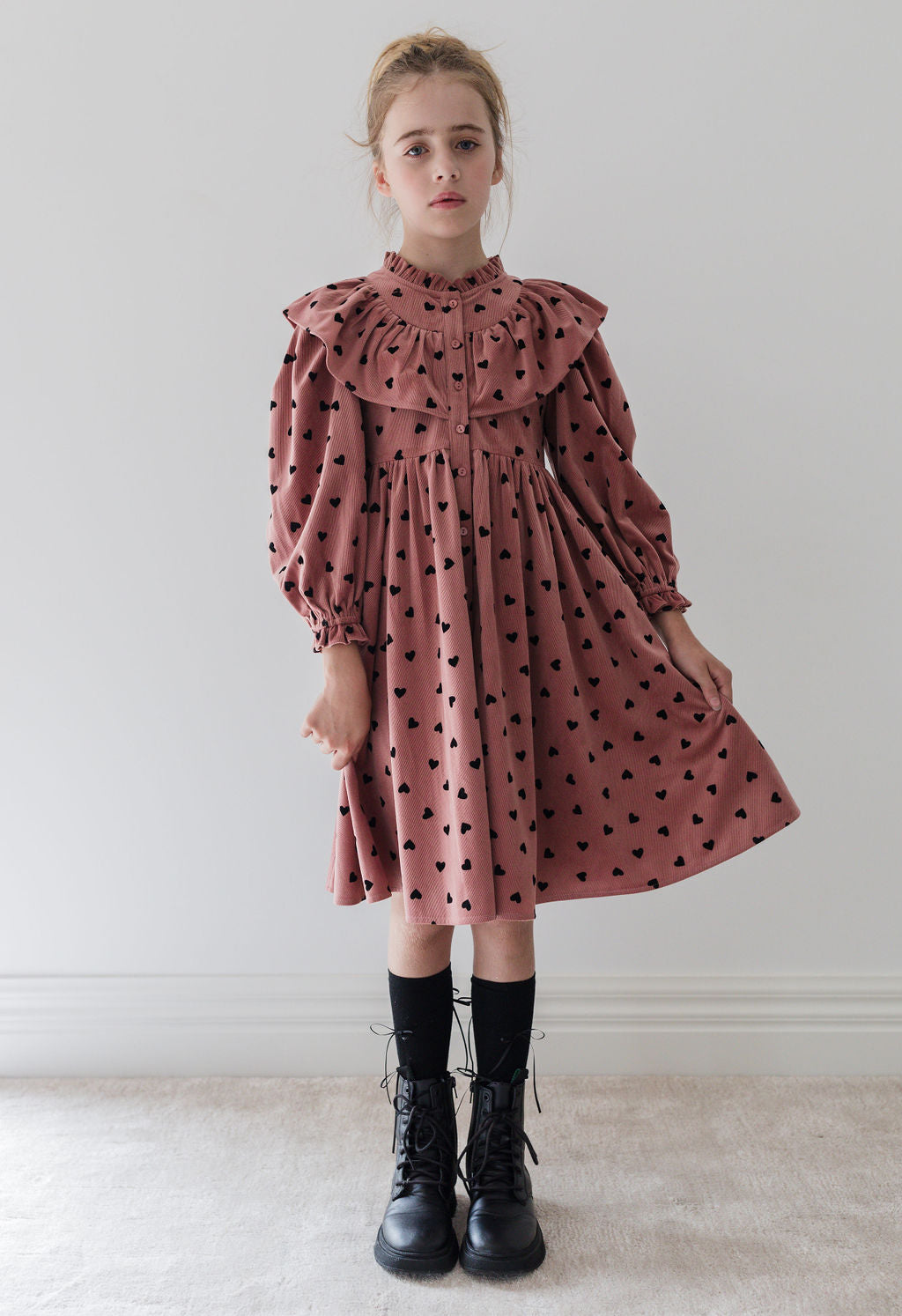 Berry Cord Dress with Black Flocked Lovehearts