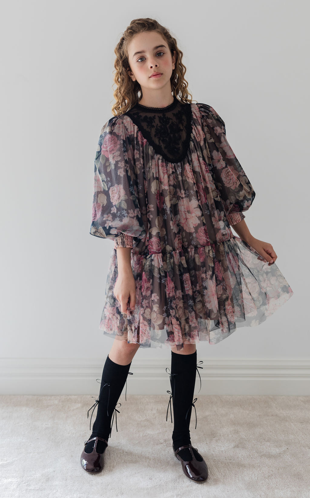 Vintage Yoke Tulle Smock Dress - Romantic Floral Print