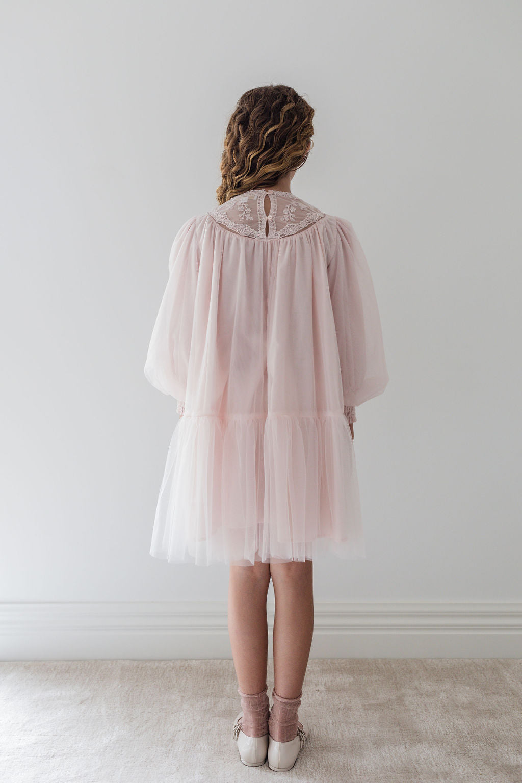 Vintage Yoke Tulle Smock Dress - Powder Pink