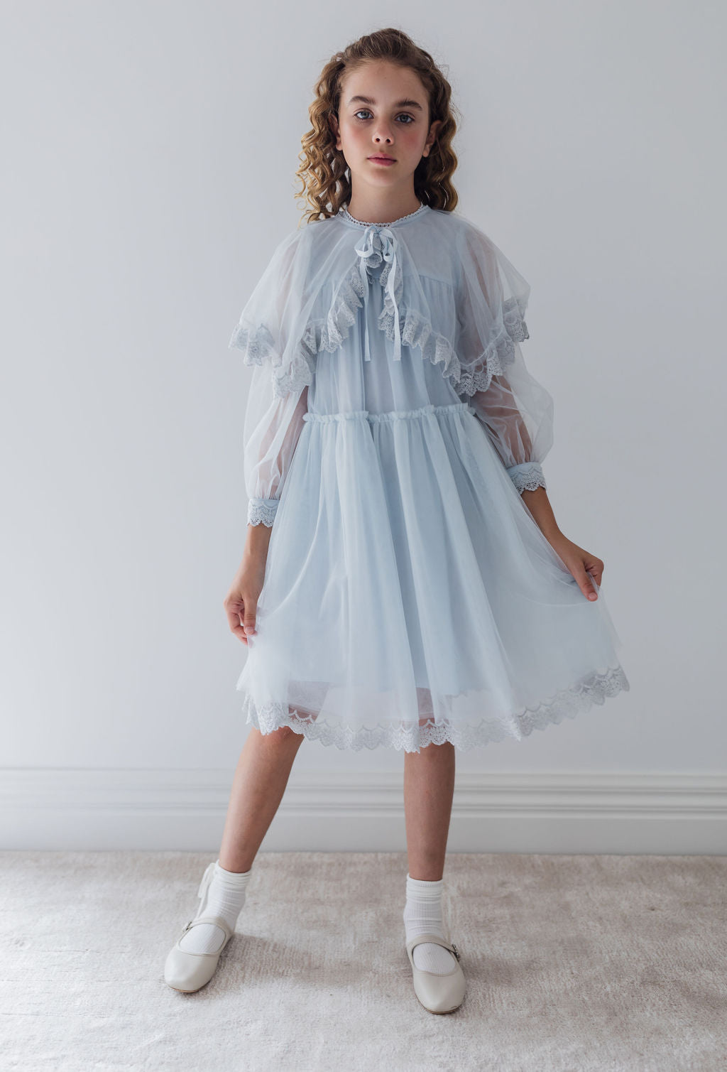 Tulle Dress With Lace Trimmed Cape