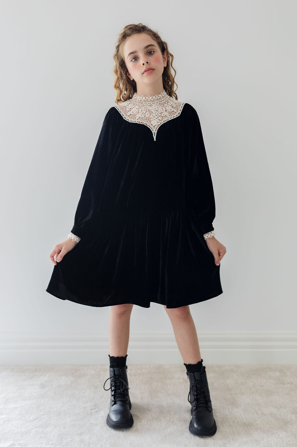 Lace Yoke Velvet Dress