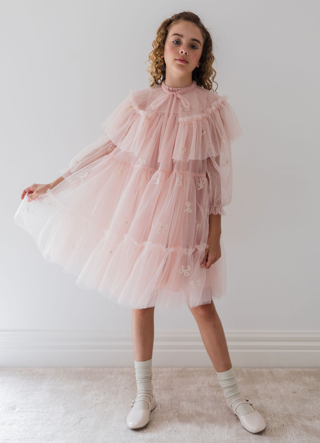Embroidered Bow Tulle Cape Dress