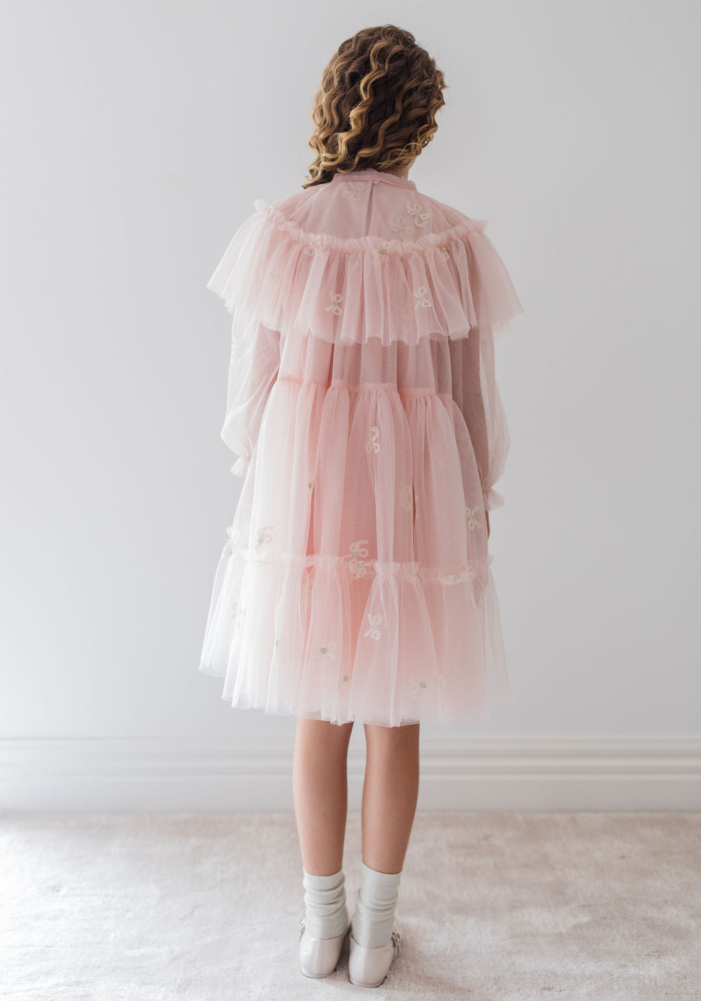 Embroidered Bow Tulle Cape Dress
