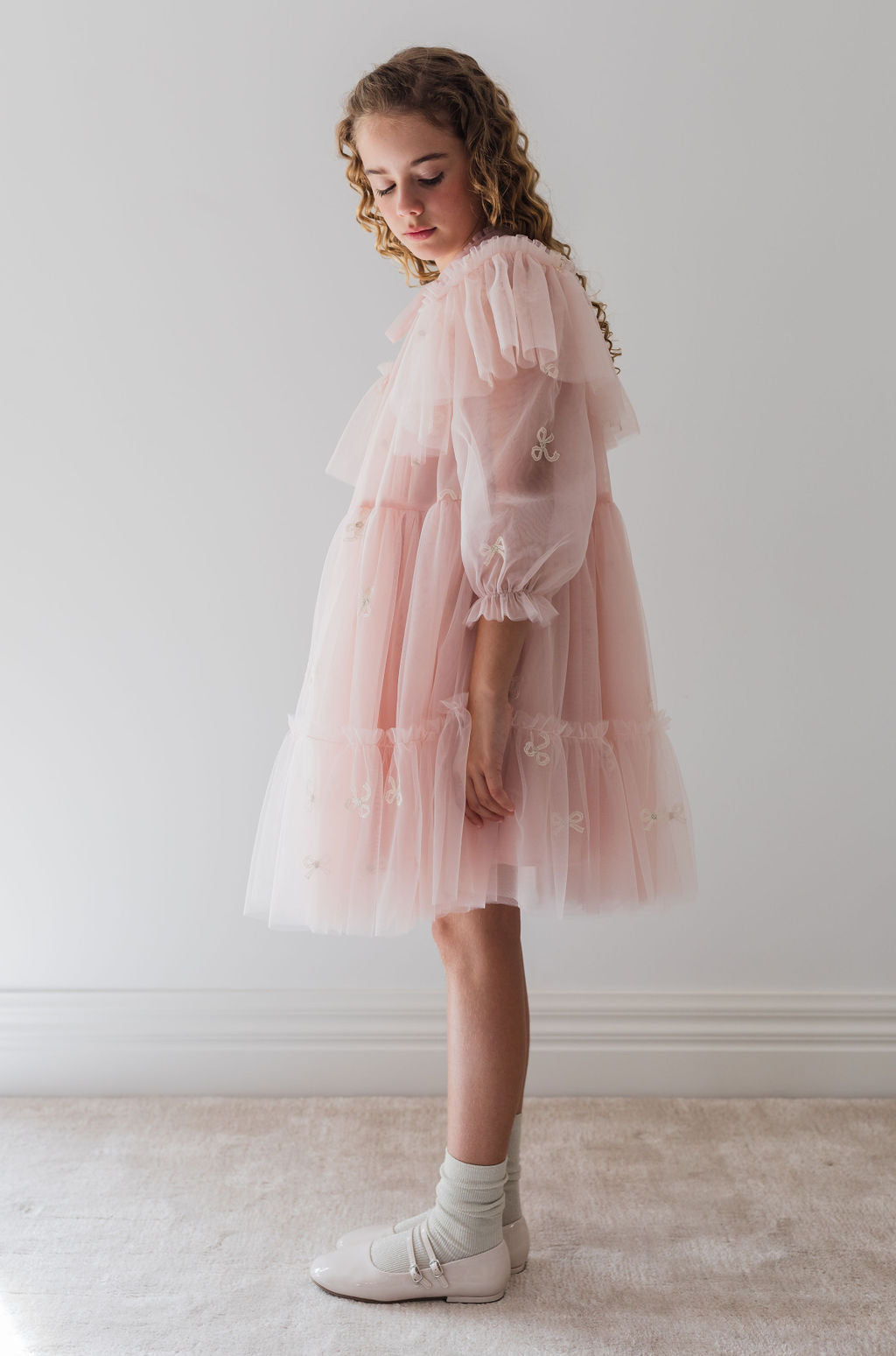 Embroidered Bow Tulle Cape Dress