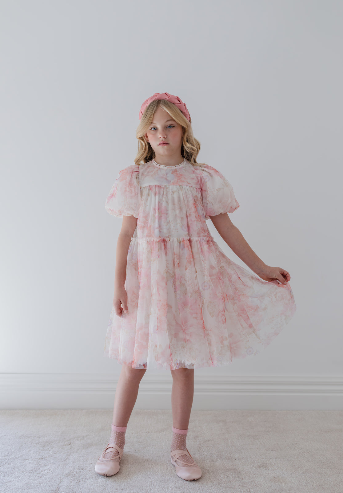 Elbow Sleeve Delicate Bouquet Tulle Dress