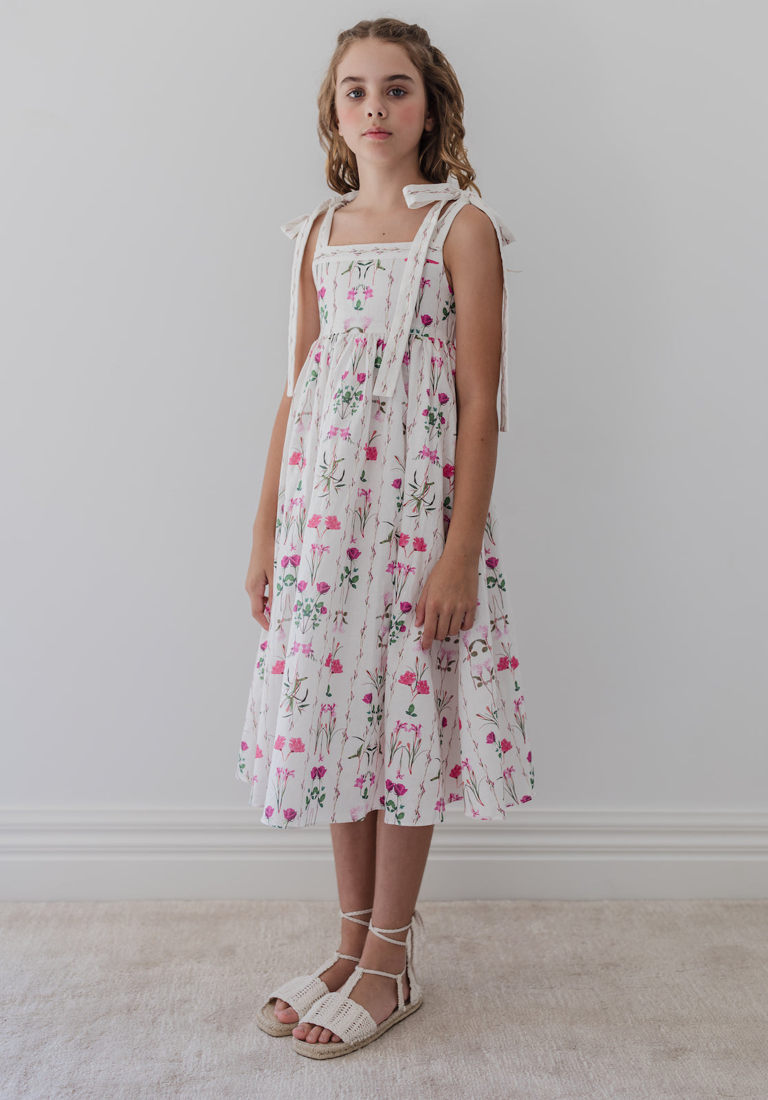 Magenta Flower Midi Dress with Tie Straps