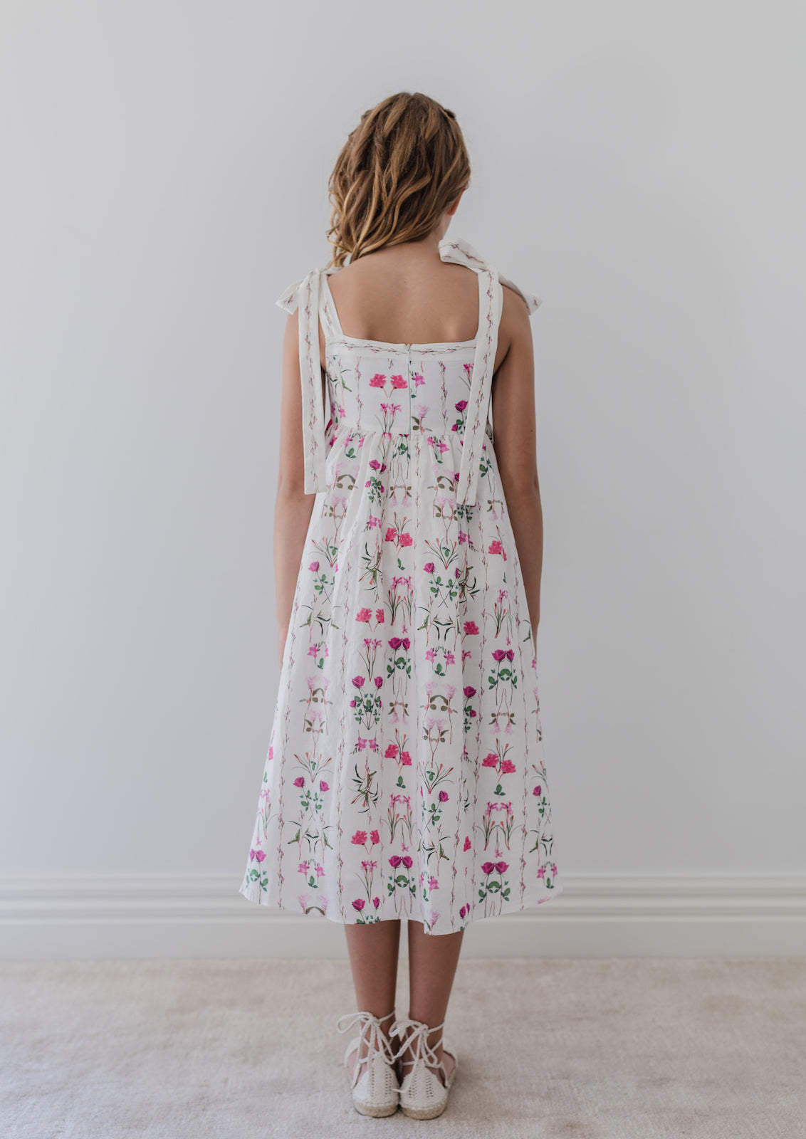 Magenta Flower Midi Dress with Tie Straps