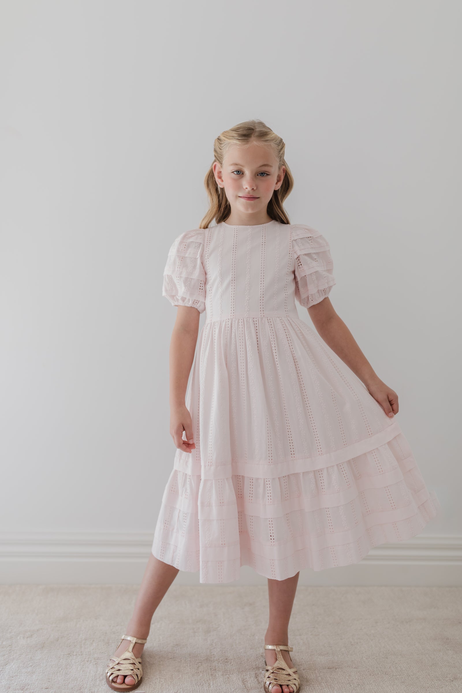 amalie the label franc midi dress Ice Pink Broderie Trellis Dress
