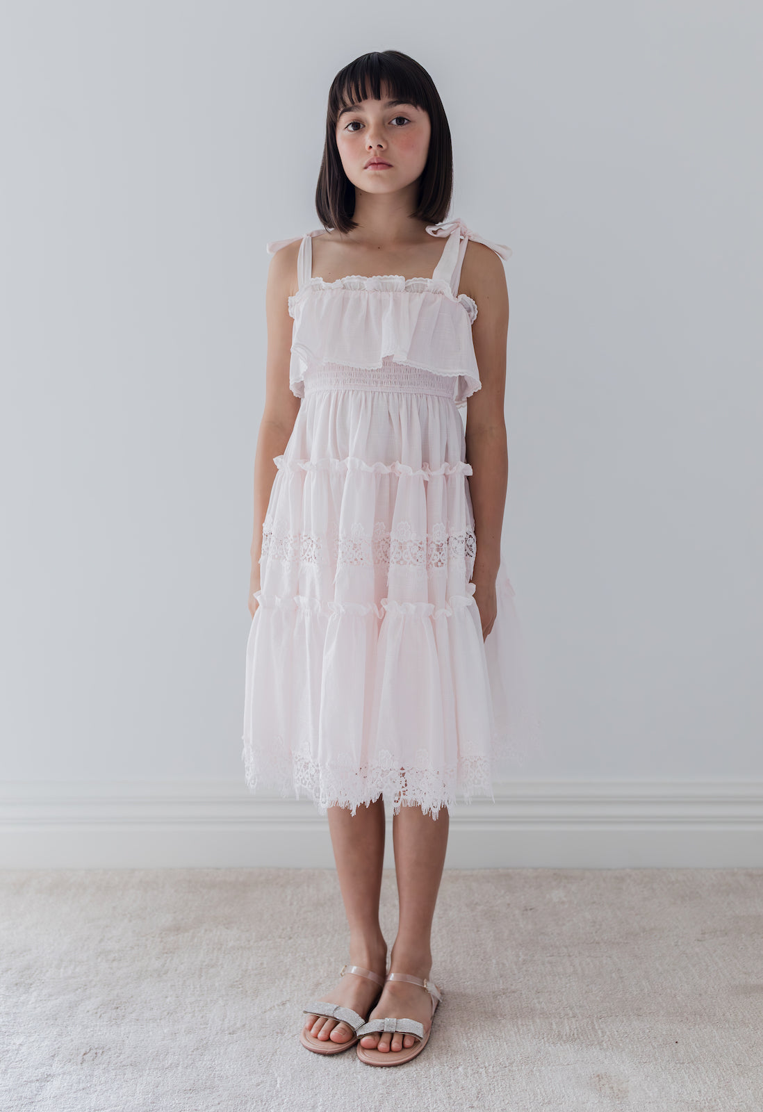 petite amalie pink cream shirred waist dress Ice Pink Shirred Bodice Dress