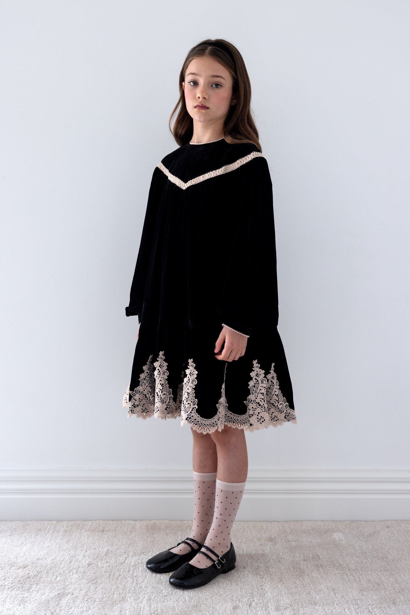 Lace Hem Velvet Smock Dress