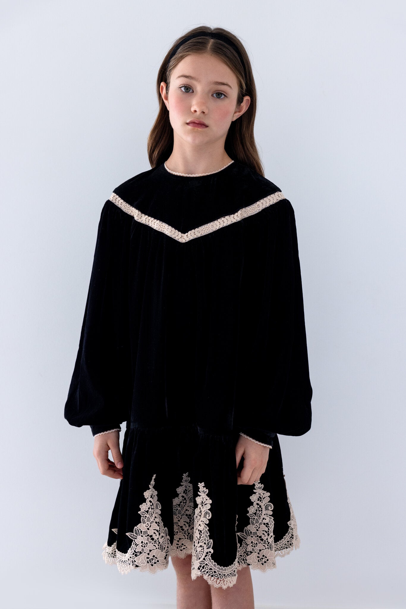 Lace Hem Velvet Smock Dress