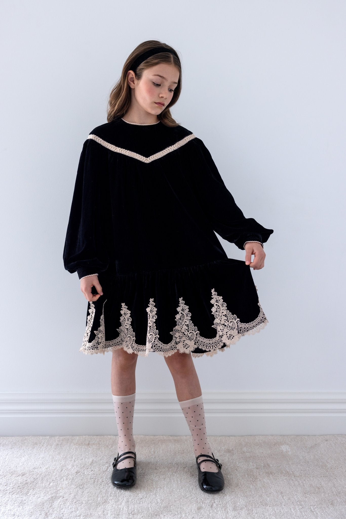 Lace Hem Velvet Smock Dress