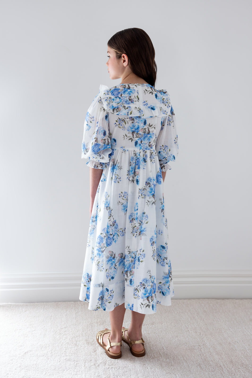 Blue Rose Print Elbow Sleeve Dress