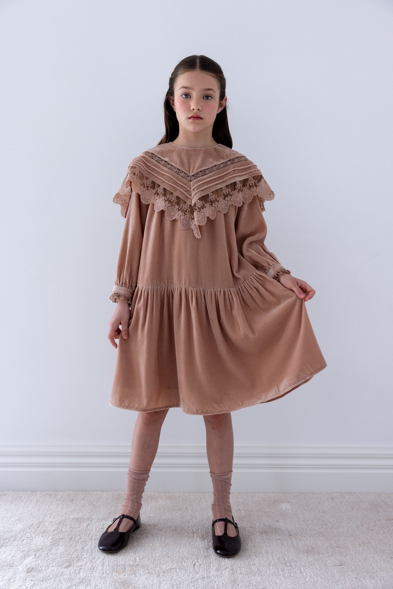 Lace Collar Velvet Smock Dress