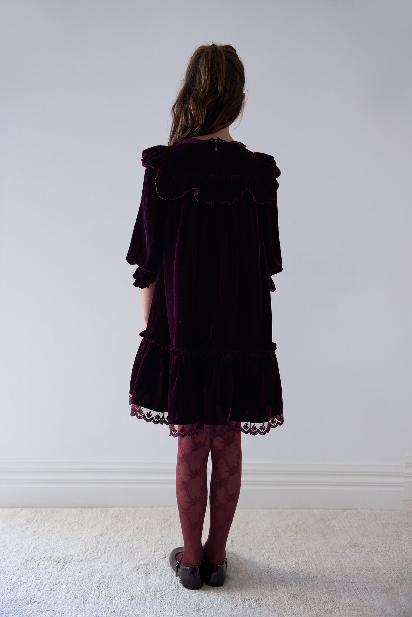 Dark Cherry Lace Trim Velvet Dress