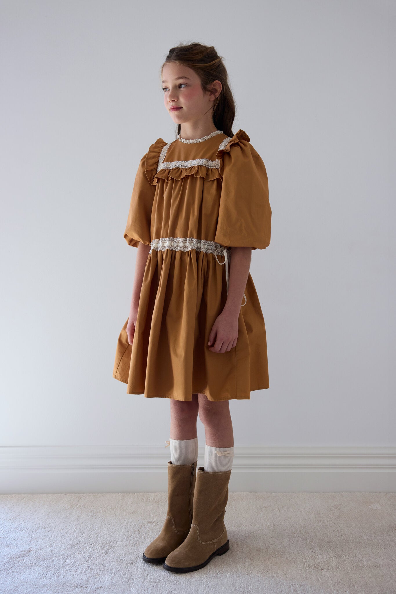 Elbow Sleeve Ribbon Lace Trim Poplin Dress