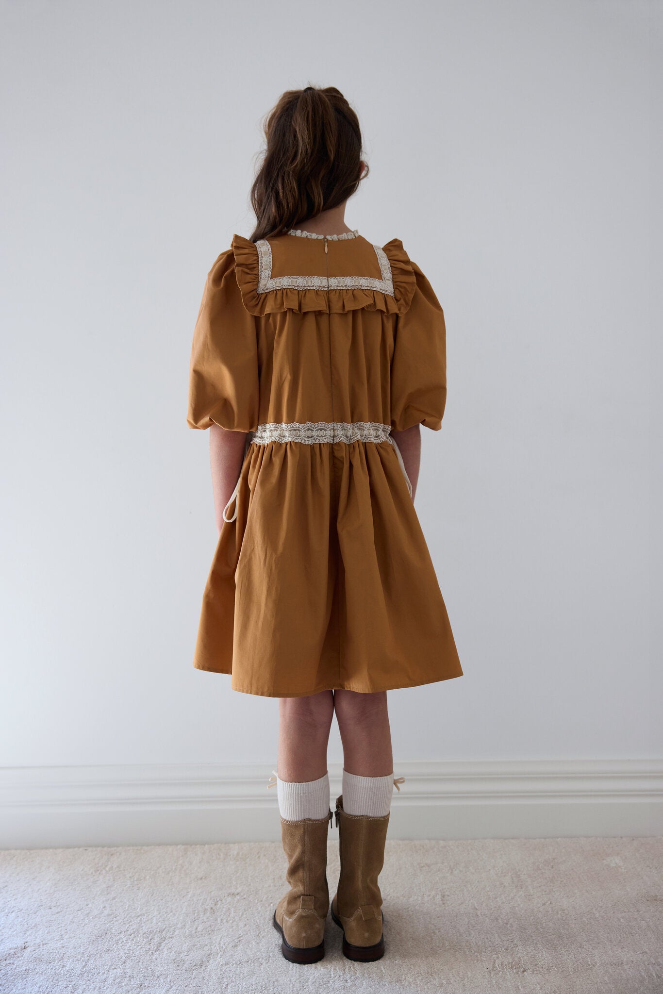 Elbow Sleeve Ribbon Lace Trim Poplin Dress