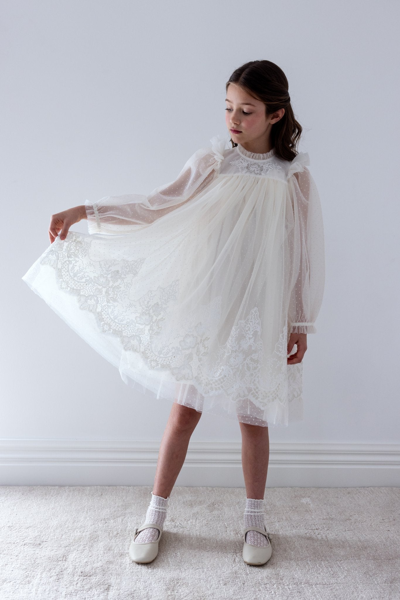 Lace Applique Hem Spot Tulle Dress