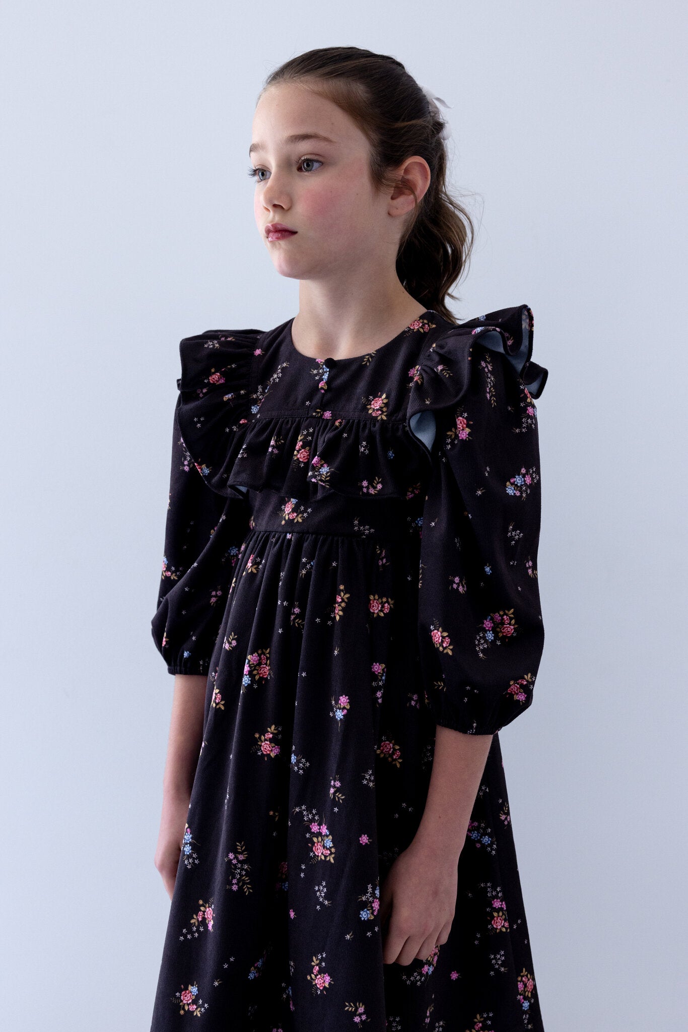 Black Ditsy Ruffle Yoke Cord Dress