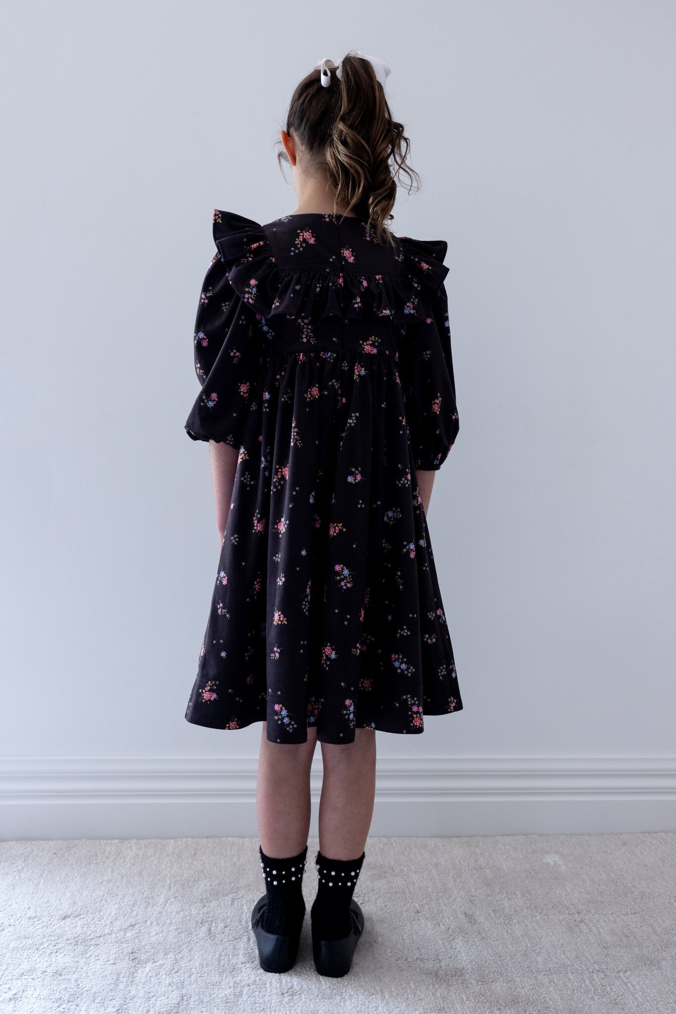 Black Ditsy Ruffle Yoke Cord Dress