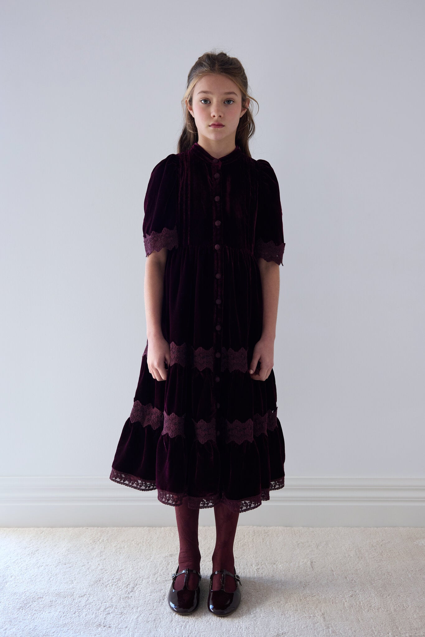 Dark Cherry Lace Trim Velvet Shirt Dress