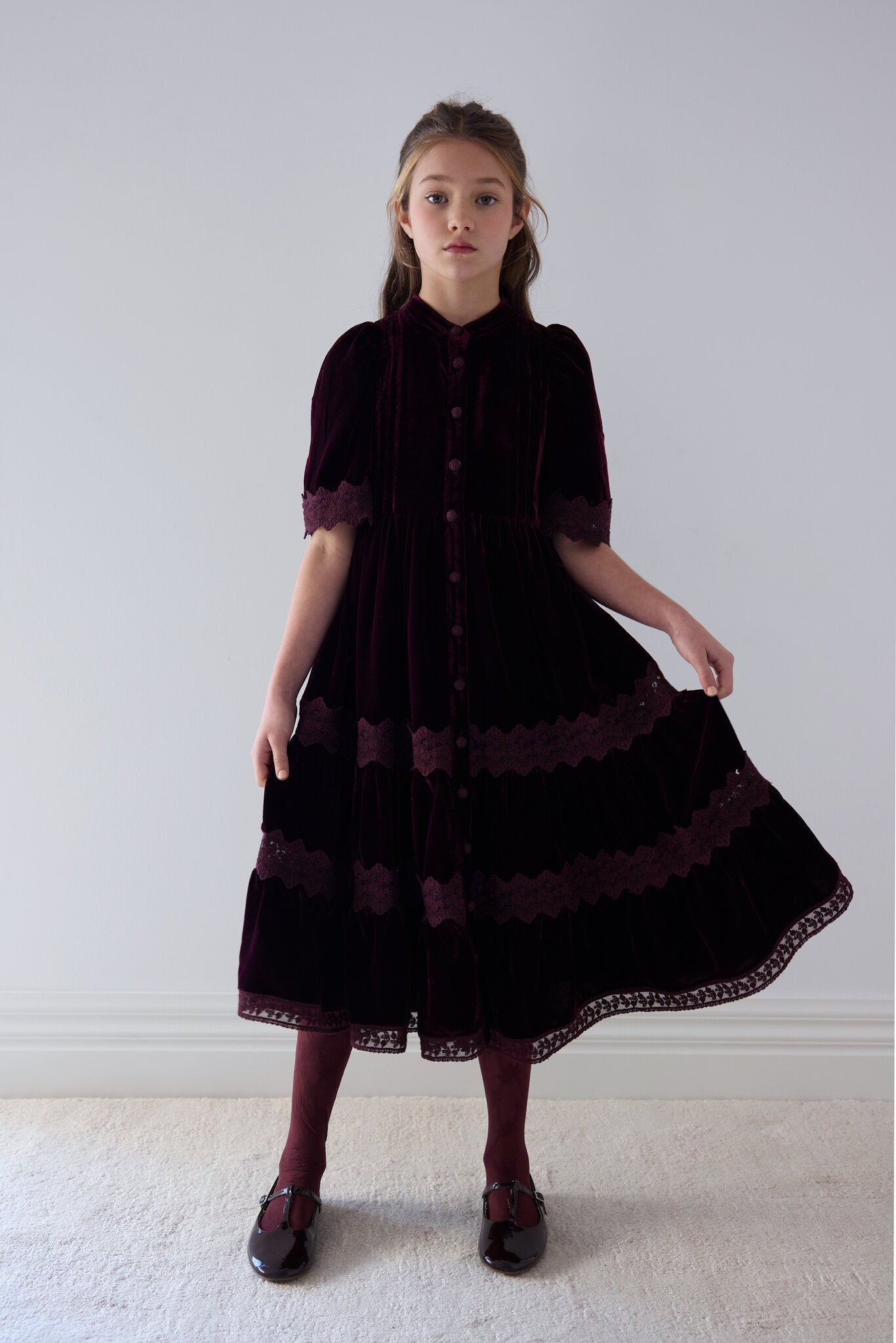 Dark Cherry Lace Trim Velvet Shirt Dress