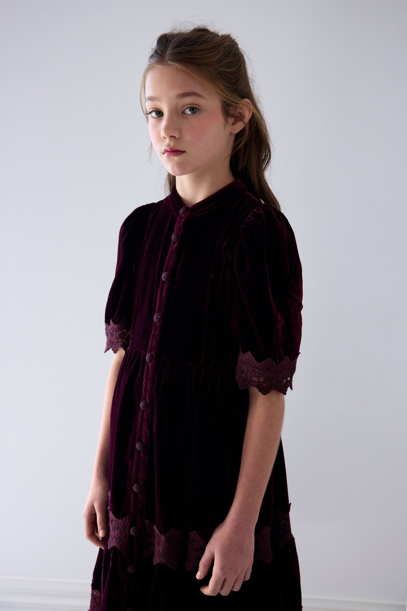Dark Cherry Lace Trim Velvet Shirt Dress