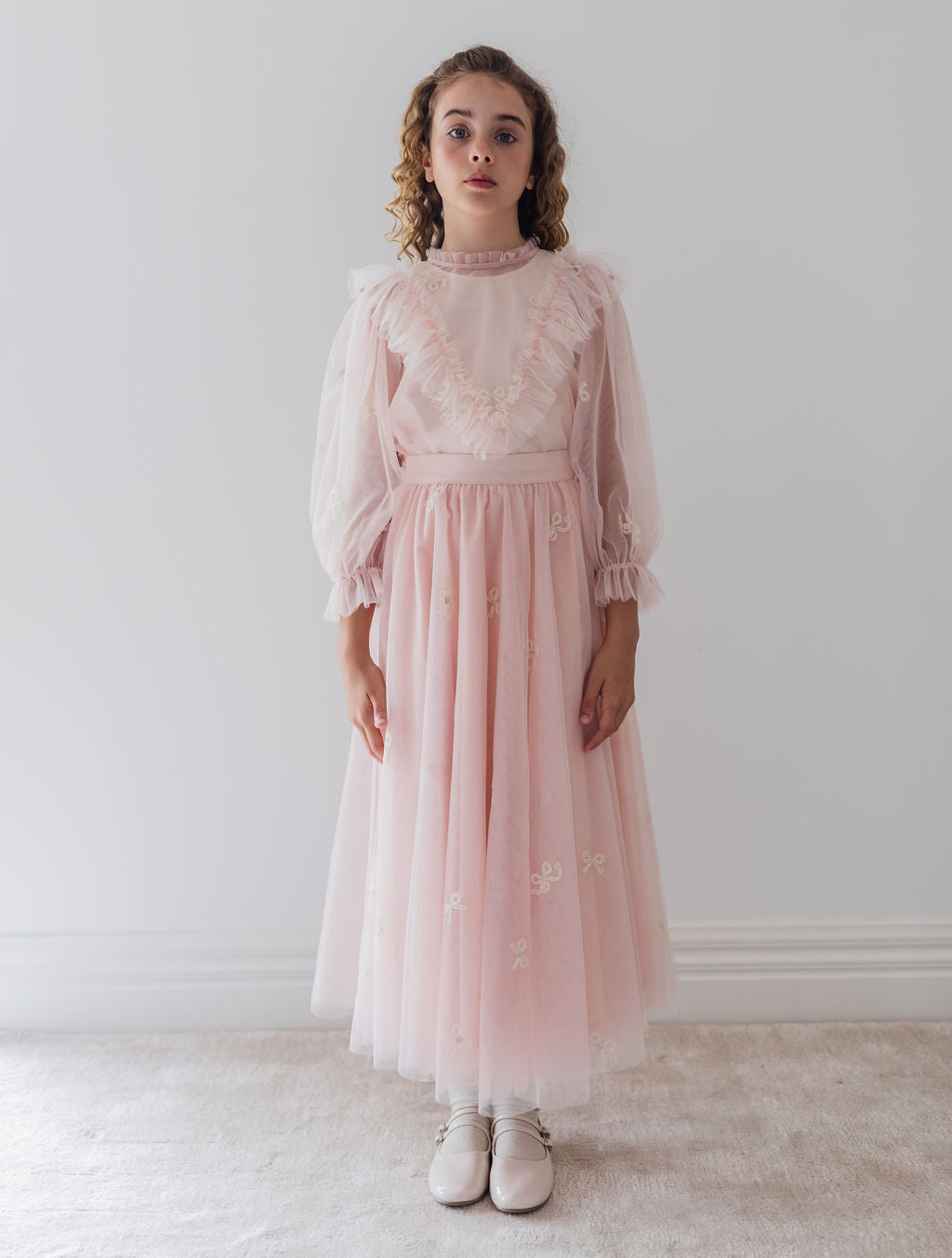 Embroidered Bow Tulle Blouse