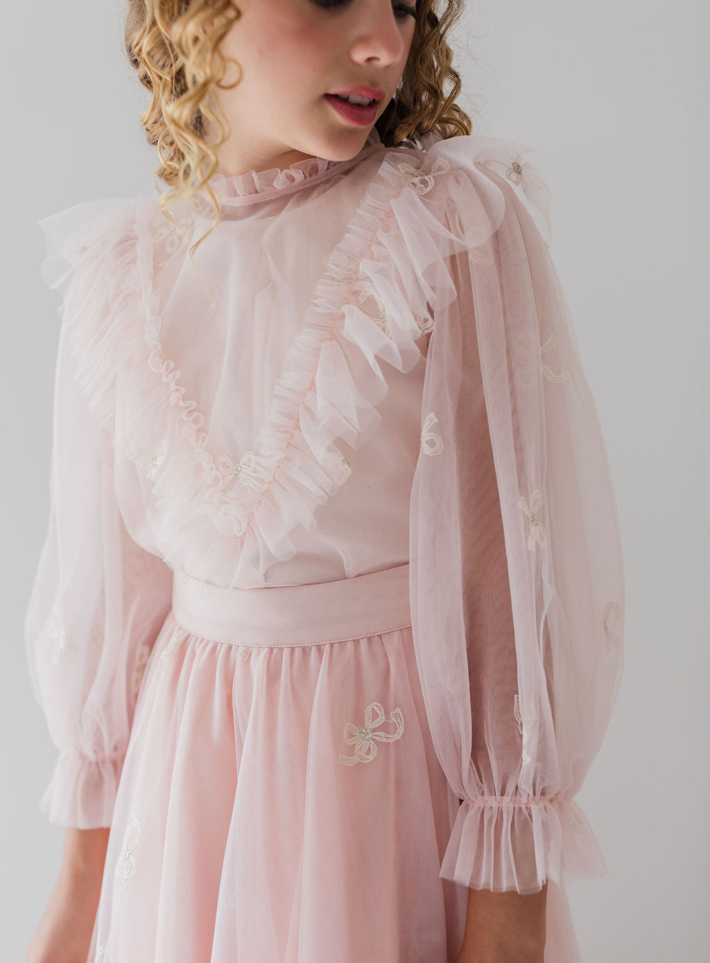 Embroidered Bow Tulle Blouse