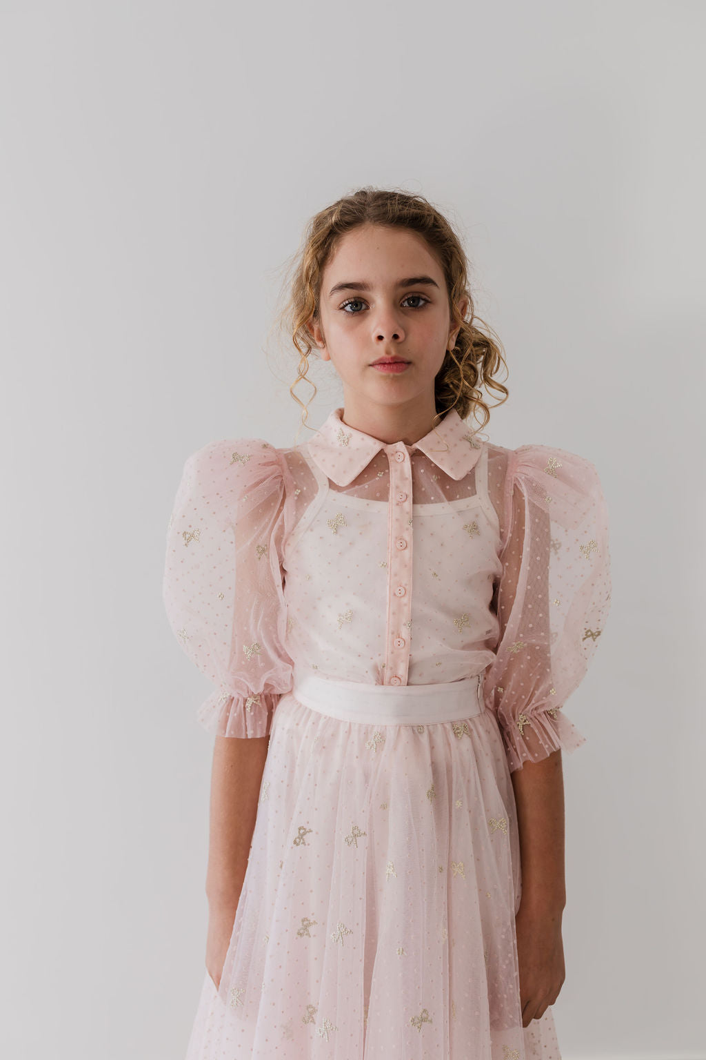 Embroidered Bow Tulle Blouse