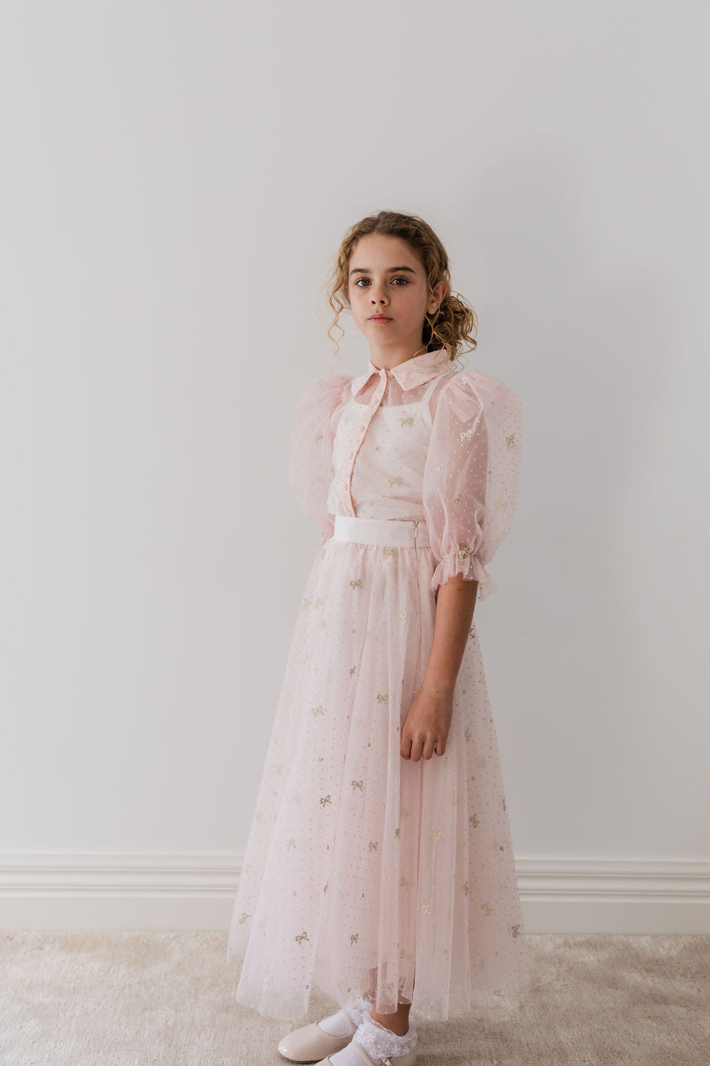 Embroidered Bow Tulle Blouse