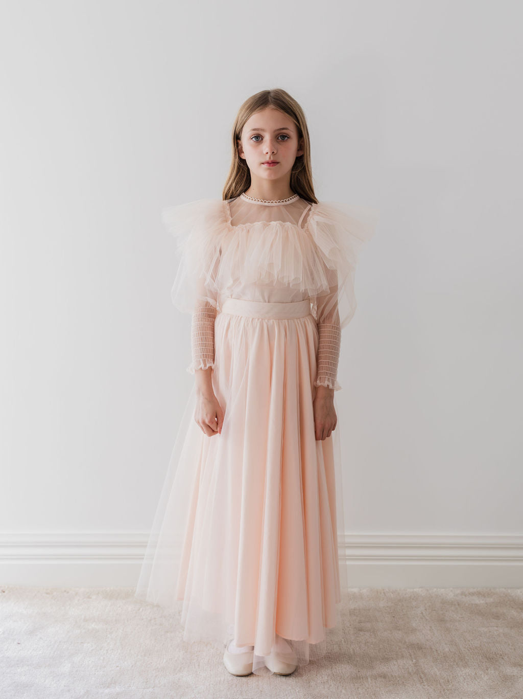 Blush Orchid Print Tulle Ruffle Blouse