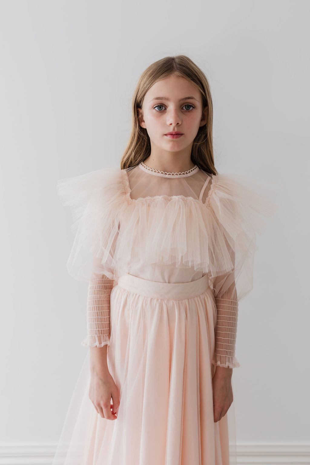 Blush Orchid Print Tulle Ruffle Blouse