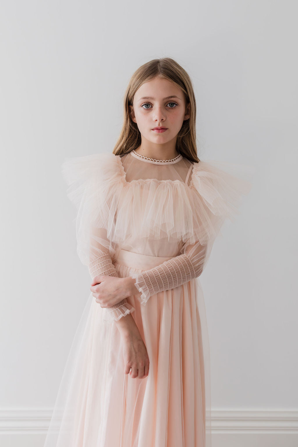 Blush Orchid Print Tulle Ruffle Blouse