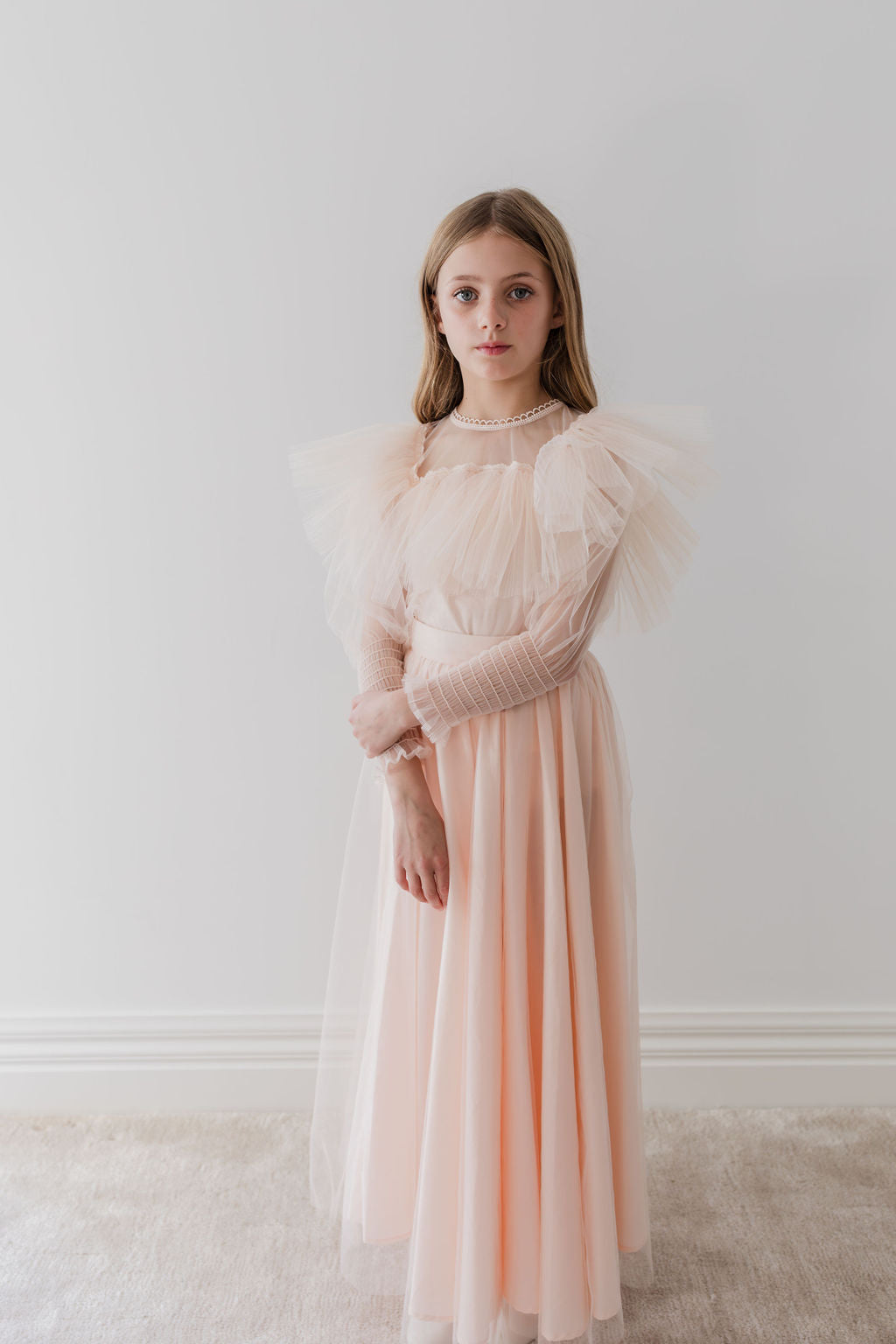 Blush Orchid Print Tulle Ruffle Blouse