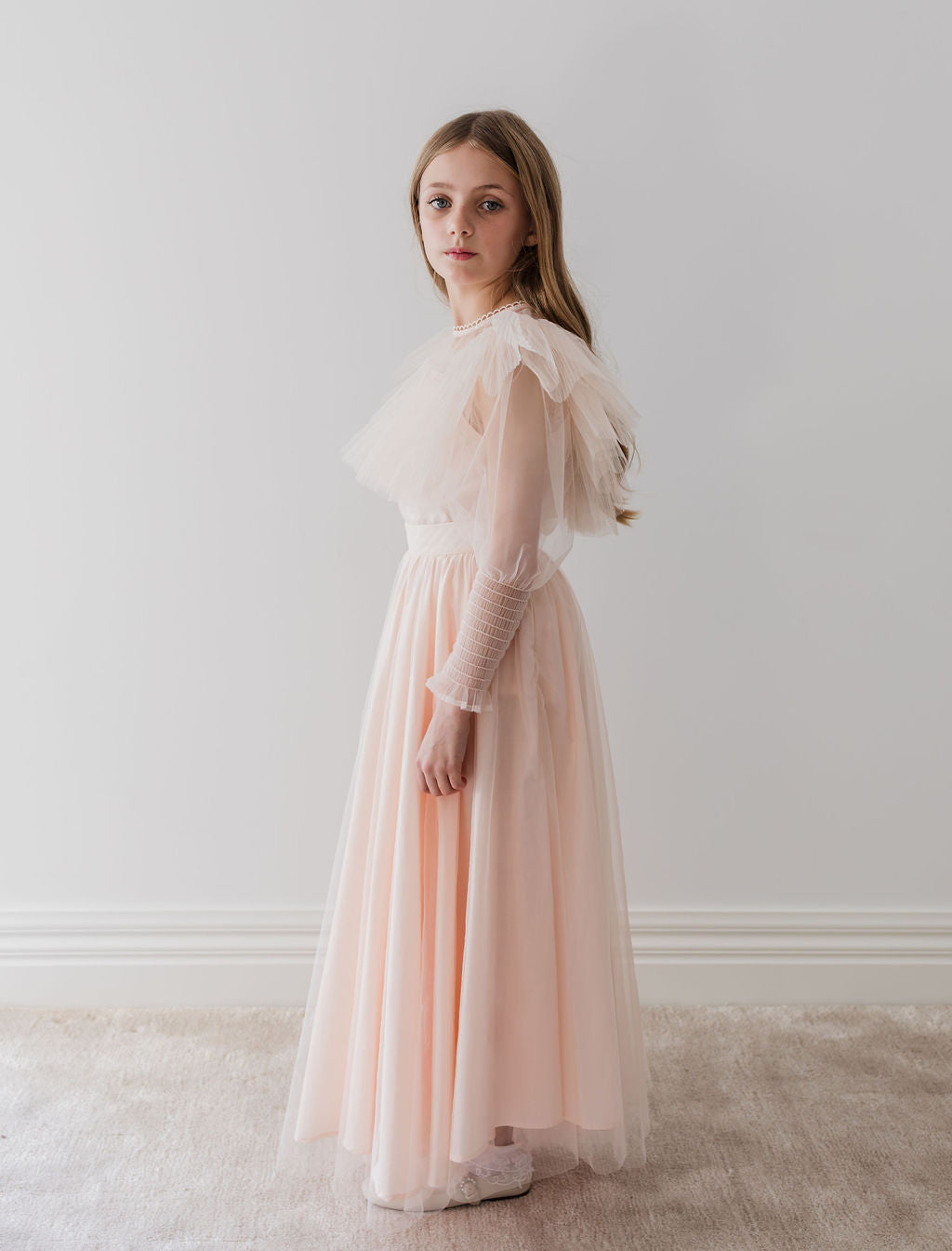 Blush Orchid Print Tulle Ruffle Blouse