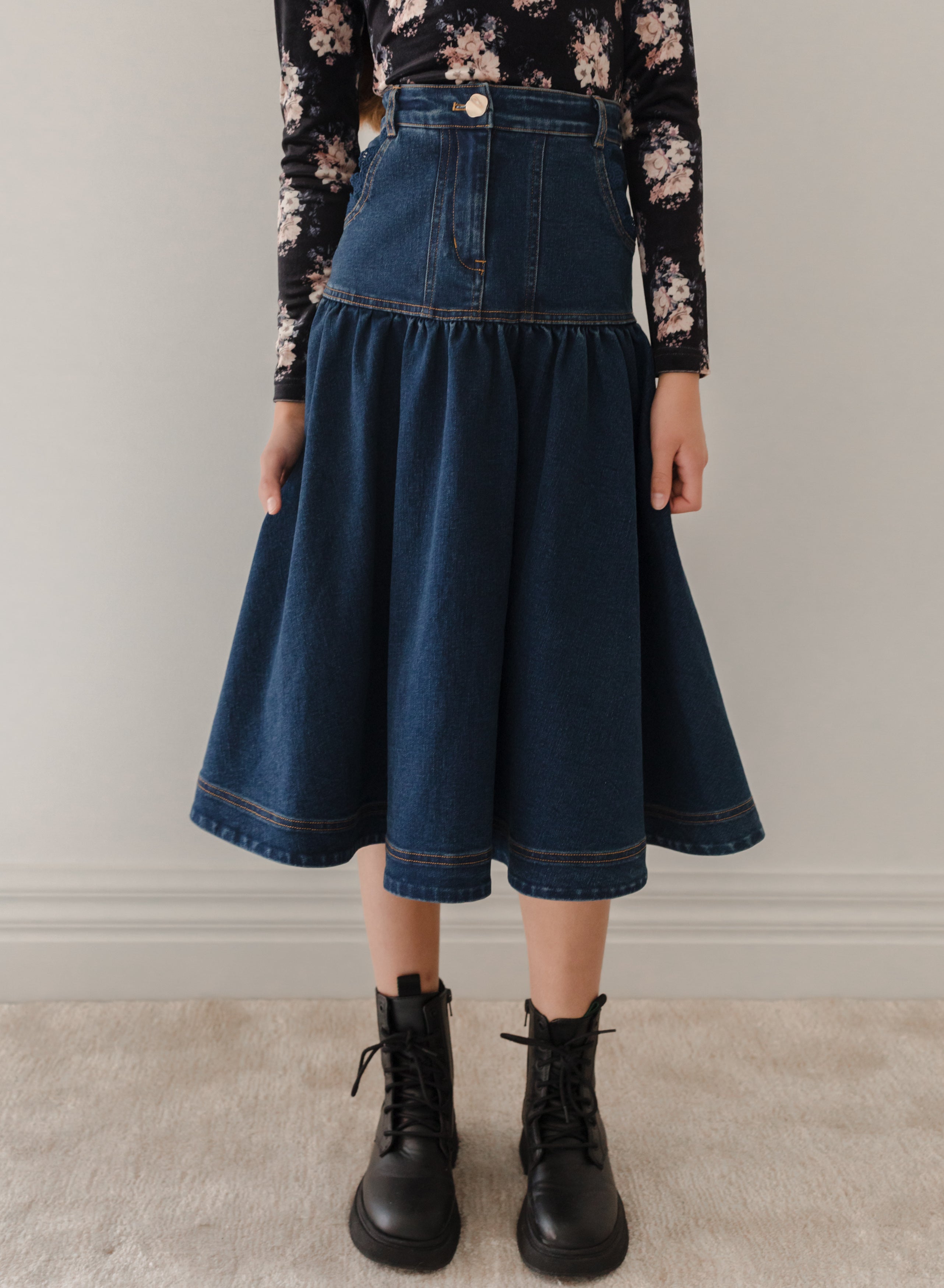 Long Denim Skirt with Lace Pockets