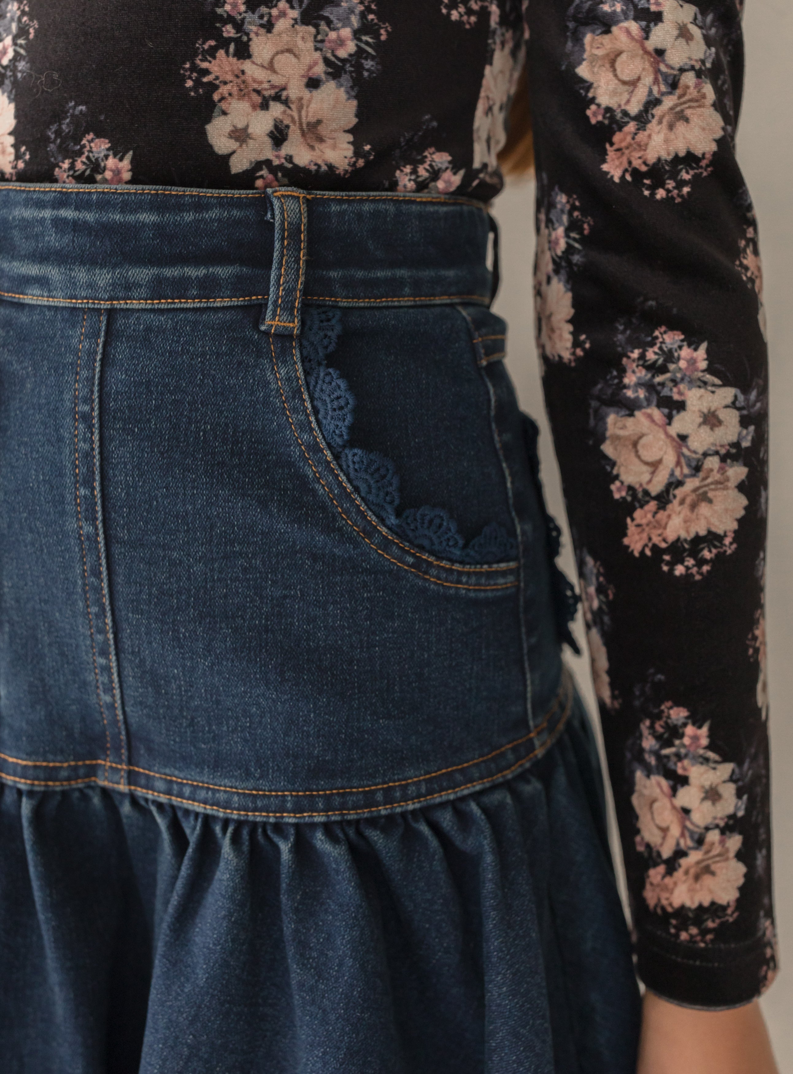Long Denim Skirt with Lace Pockets