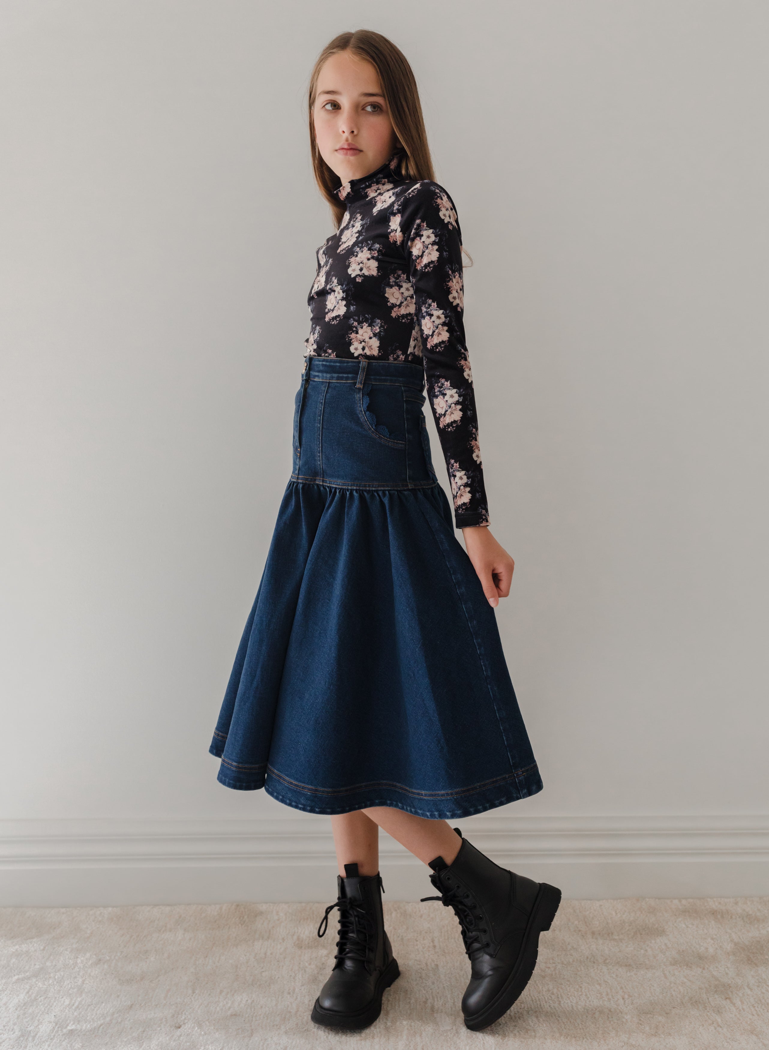 Long Denim Skirt with Lace Pockets